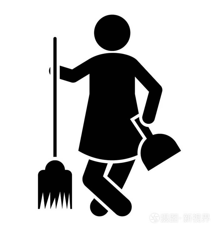一个人类头像站在手持清洁工具, 清扫图标